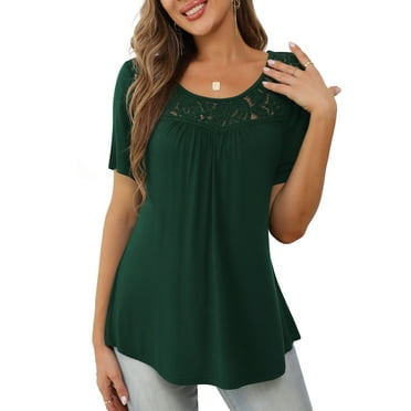 a.Jesdani Womens Tops Plus Size Short Sleeve Dark Green Shirts Lace Pleated Tunic Tops M