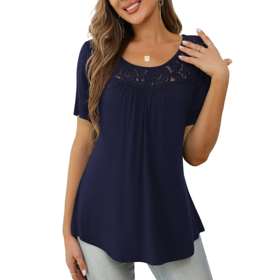 a.Jesdani Womens Tops Plus Size Short Sleeve Navy Blue Shirts Lace Pleated Tunic Tops 3XL