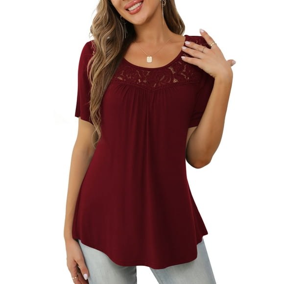 a.Jesdani Womens Tops Plus Size Short Sleeve Wine Red Shirts Lace Pleated Tunic Tops 2XL