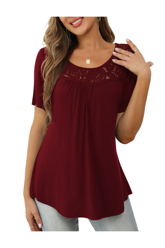Womens Tops Plus Size Short Sleeve Wine Red Shirts Lace Pleated Tunic Tops 2XL