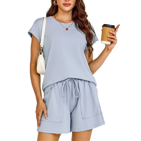 a.Jesdani Womens Two Piece Sets Short Sleeve and Shorts Sweatsuits Lounge Sets Homewear with Pocket S