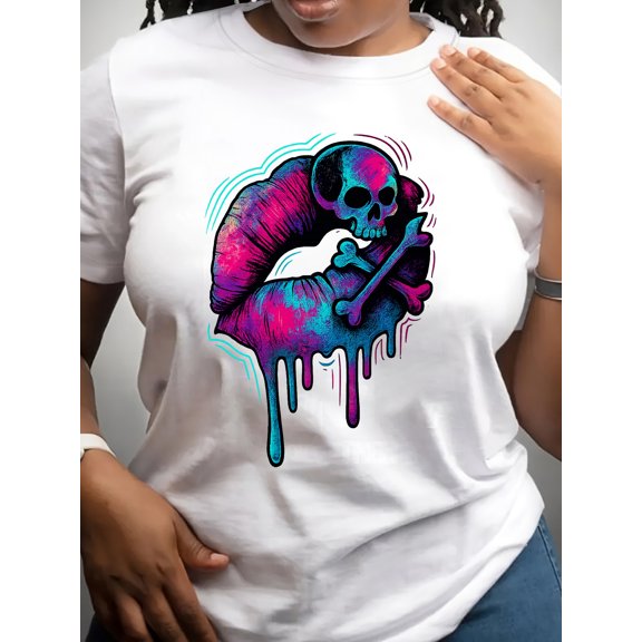 a Psychedelic Gradient Skull Lip Print T-Shirt for Women