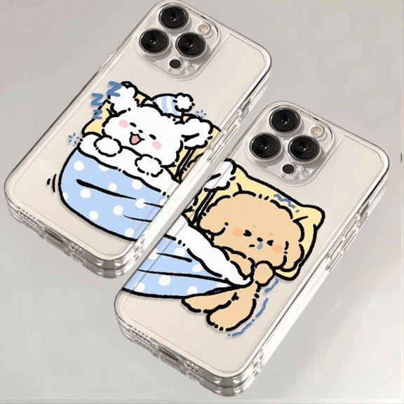 a pairXiaoY Cute Sleeping Cartoon Dog Clear Phone Case, Couple Matching Soft Cover, Full Camera Lens Protection Slim Shockproof Transparent Case