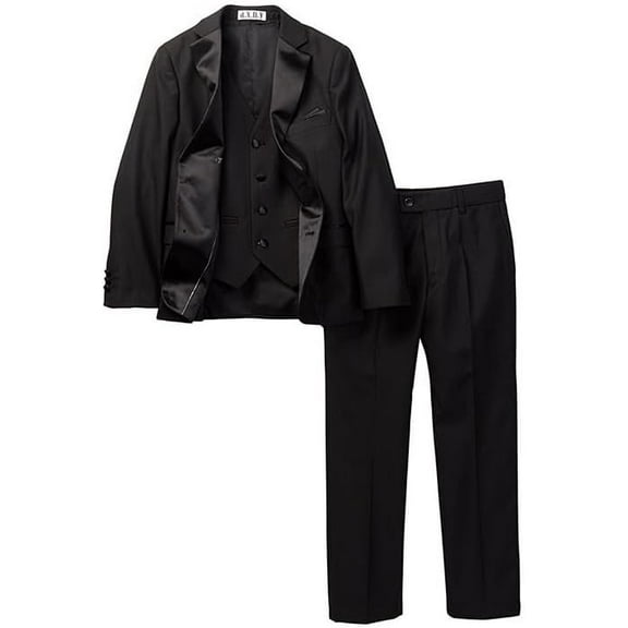 Boy's 2-20 Modern Fit 3-Piece Jacket Vest Trousers Satin Notch Lapel Formal Tuxedo Suit Set - Black