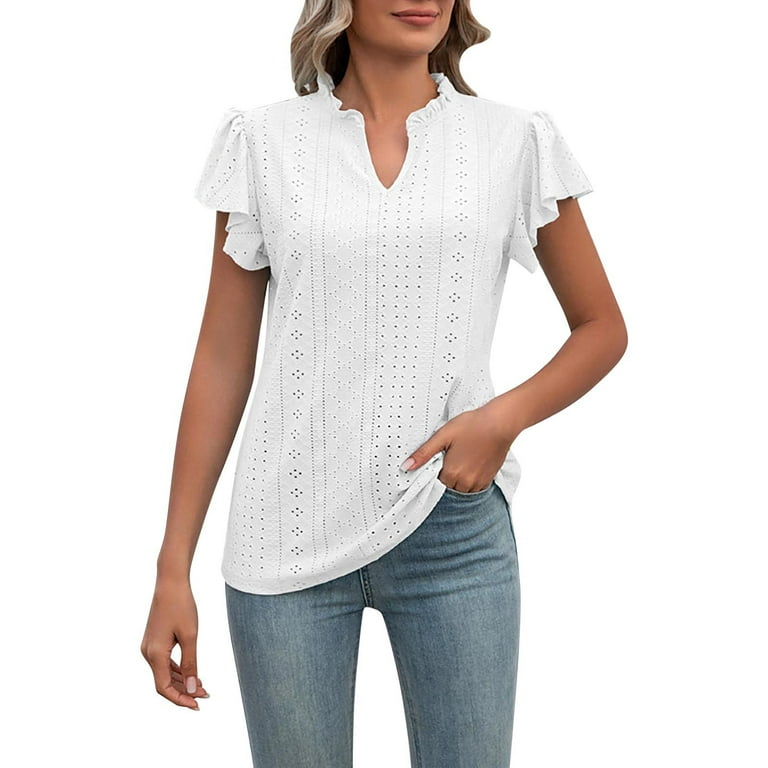 aDJFDGT Cotton Blouses for Women Dressy Womens Casual V Neck Solid Color Short Sleeve Tee Shirt with Ruffle Hem Tops S Walmart