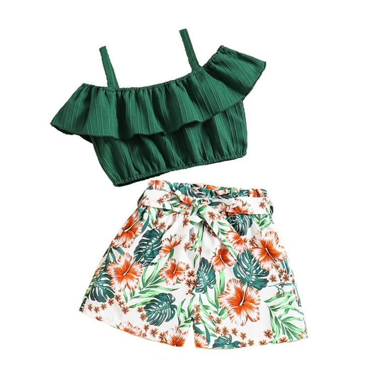 aDJFDGT Cute Back To School Outfits for Girls 10 12 Middle School Girls 2024 Summer Children s Wear Children s Clothing Line Shoulder Top Shorts Set Walmart