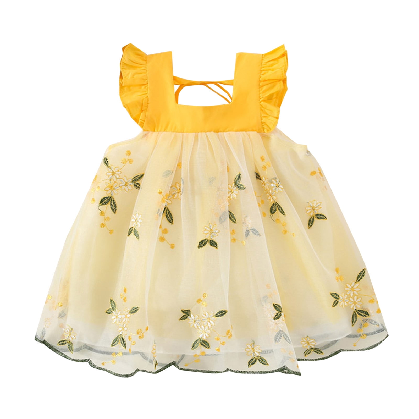 aDJFDGT Dress Toddler Girls Fly Sleeve Floral Embroidery Tulle Ruffles