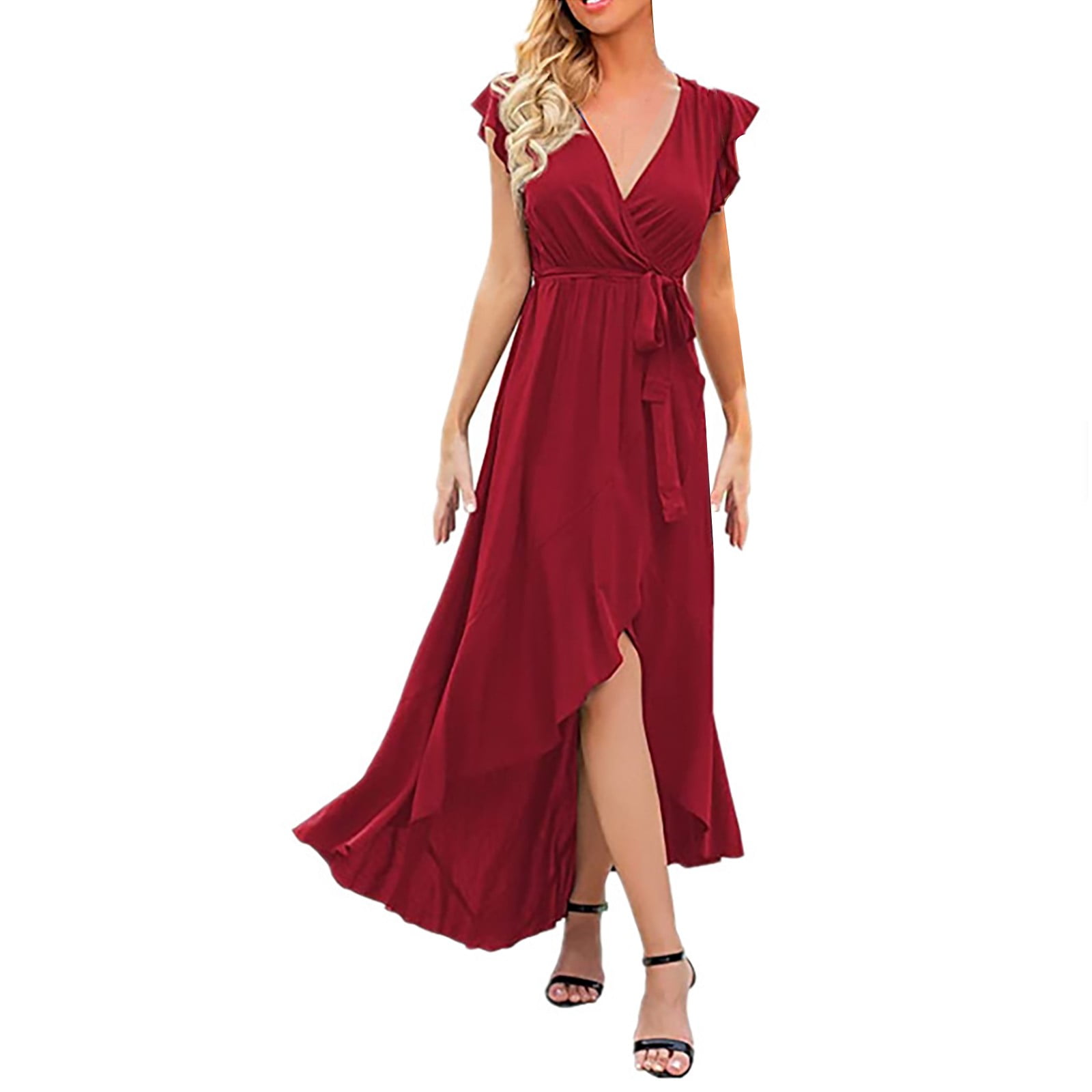 aDJFDGT Female Spring Wedding Guest Dress Ladies V Neck Casual Sexy ...