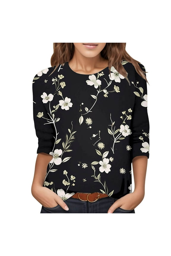Petite Tops for Women Size Petite Small Womens 4/3 Printing Casual Fashion Crew Neck Three Quarter Sleeve Tshirt Blouse Tops L