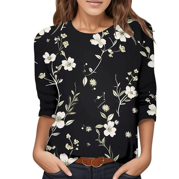 aDJFDGT Petite Tops for Women Size Petite Small Womens 4/3 Printing Casual Fashion Crew Neck Three Quarter Sleeve Tshirt Blouse Tops M