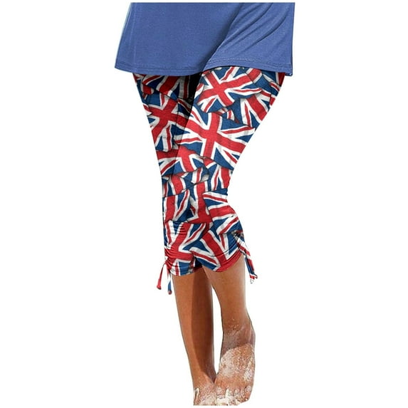 aDJFDGT Summer Female Flare Leggings for Women Tall with Pockets Women's Summer Uk Independence Day Printed Fashion Casual Underpants Holiday Style Tight Drawstring Capris