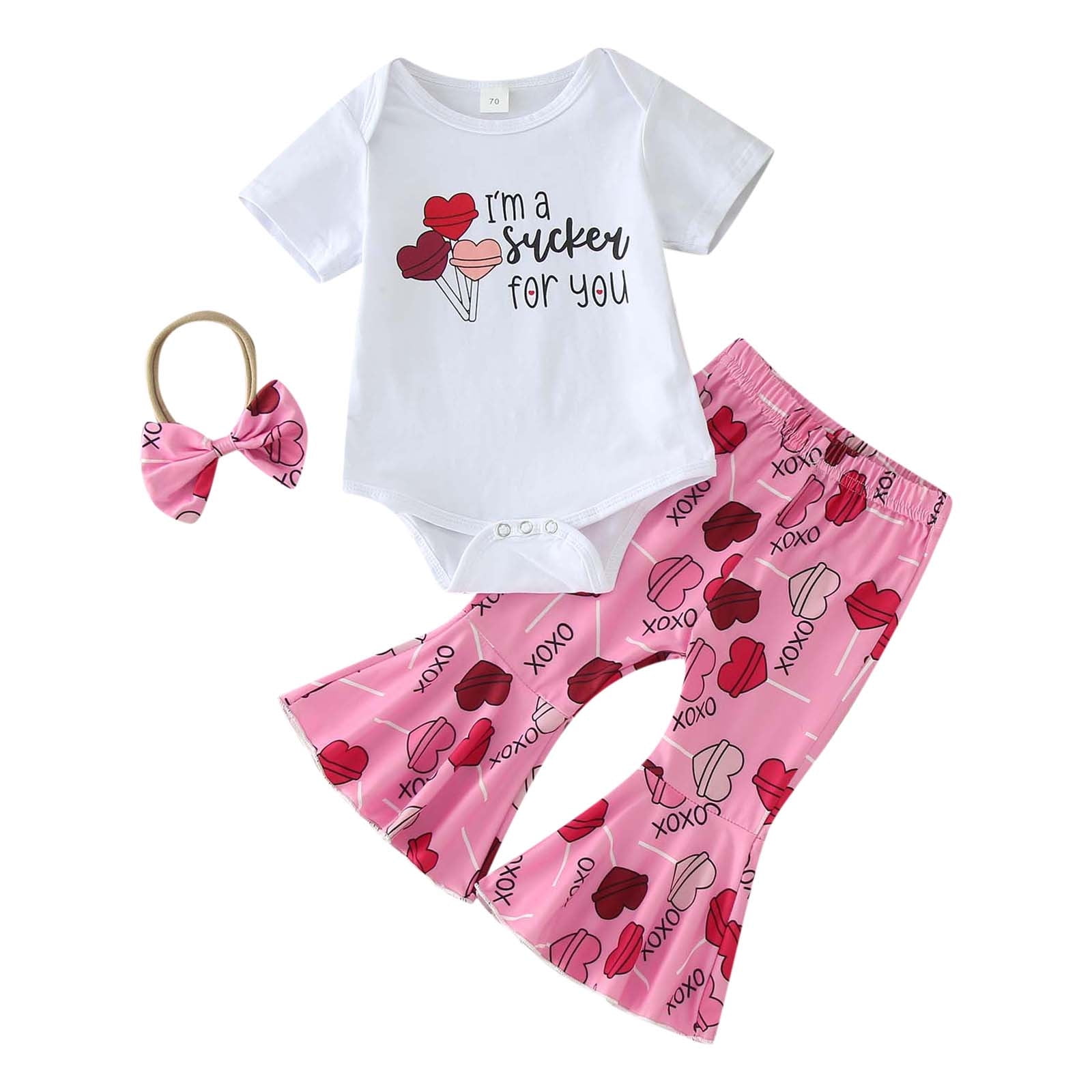 aDJFDGT Toddler Girl Outfits 1824 Months Girls Short Sleeve Valentine's Day Letter Romper