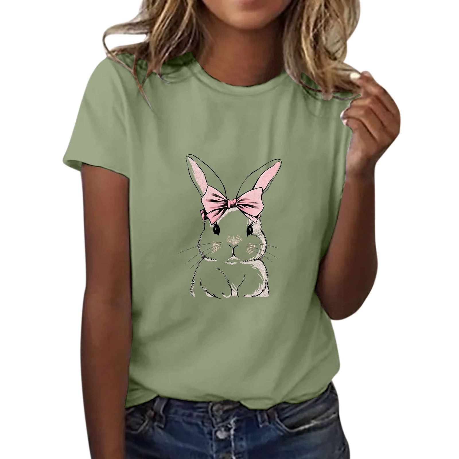 aDJFDGT Womens Graphic Tees Cropped Women‘S Casual Easter Cute Bunny