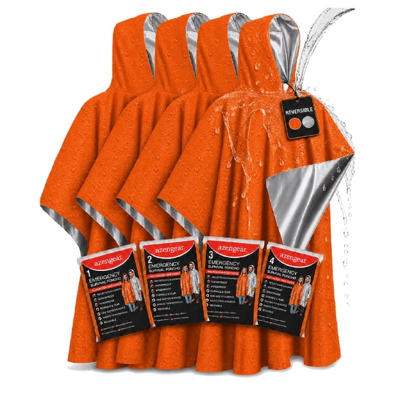 aZengear Emergency Survival Poncho (4pc) Thermal Mylar Foil Coating Blanket for Car, Heat Retention, Rain - Waterproof Outdoor Kit