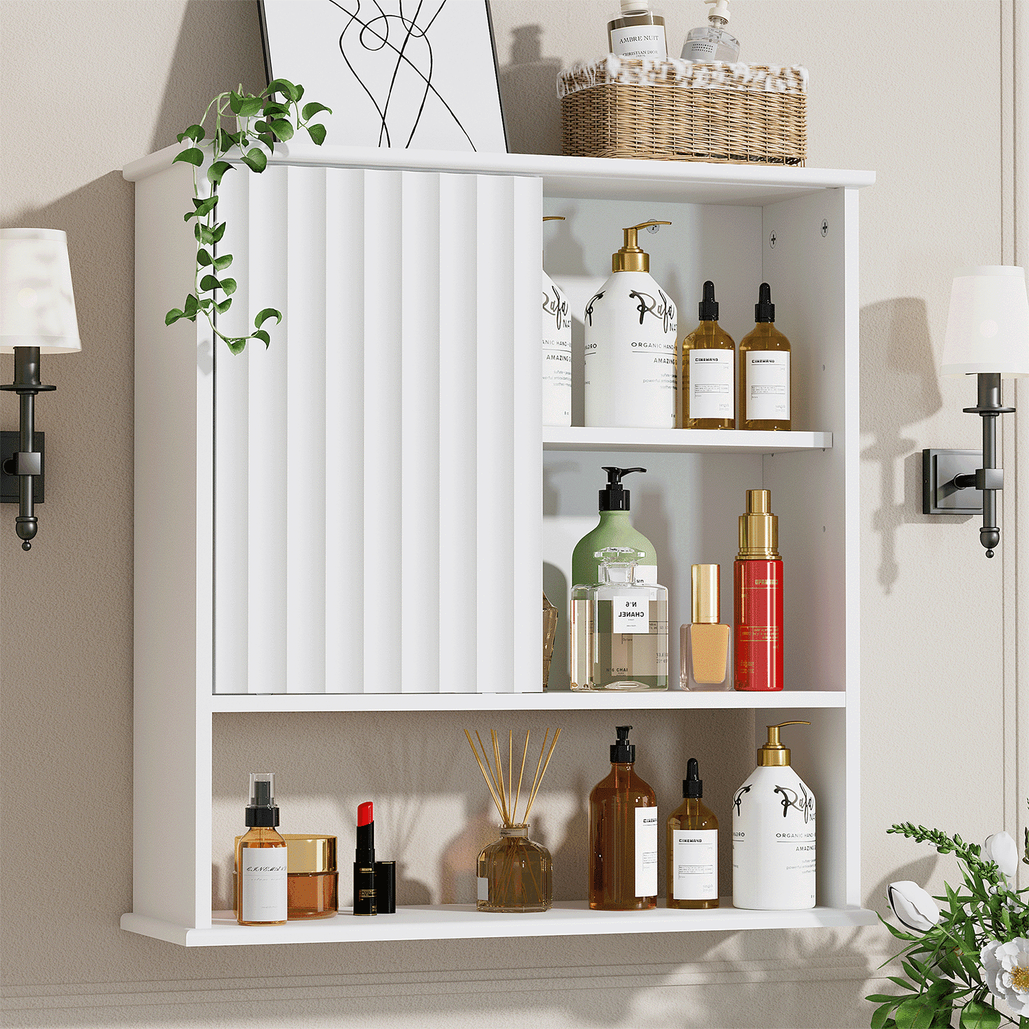 aaculpet Fluted Bathroom Wall Cabinet with Sliding Door, 24" x 22 ...
