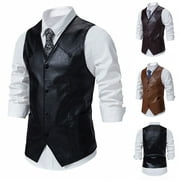 OGLCCG Men's Leather Vest Casual Western Vest Jacket Lightweight V-Neck Suit Vest Waistcoat Leather Classic Motorcycle Leather Vest for Men