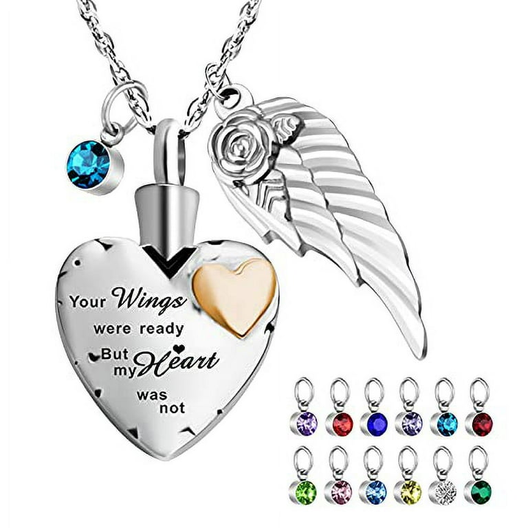 abooxiu Heart Urn Necklaces for Ashes with 12 Pcs Birthstones Cremation Necklace for Ashes Stainless Steel Cremation Jewelry Your Wings were Ready
