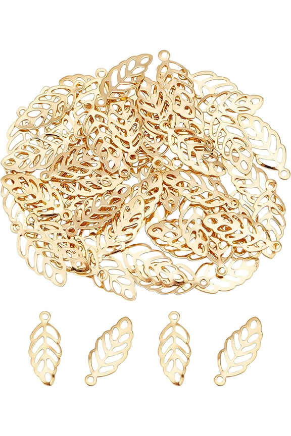 about 120pcs Golden Leaf Pattern Charms Stainless Steel Pendants Metal Hollow Leaf Charm