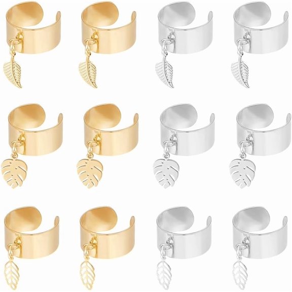 about 12Pcs 2 Colors 3 Styles Charm Ring Stainless Steel Women's Ring Leaf Pendant Ring Adjustable Rings with Leaf Charms Open Cuff Finger Ring Sets
