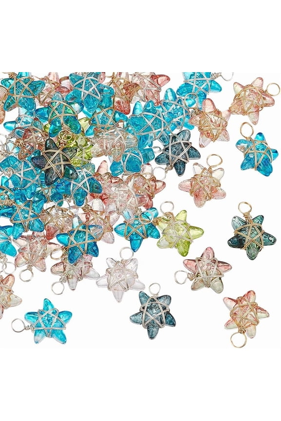 about 50Pcs Wire Wrapped Star Pendants Glass Charms Crystal Dangle Charms Bulk with Chains