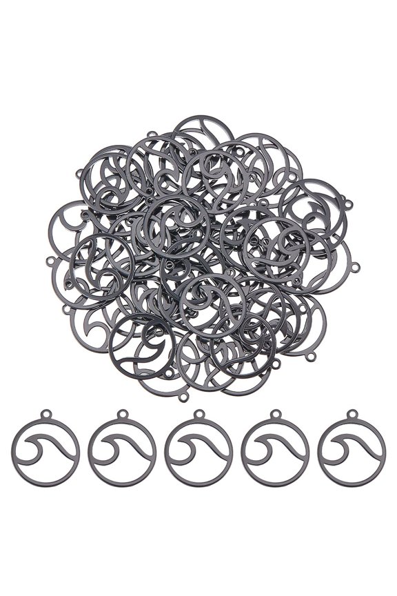 about 50pcs Black Wave Charms Flat Round with Wave Stainless Steel Charms Ocean Pendant Laser Cut Hypoallergenic Charms