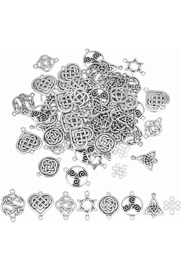 about 64Pcs 8 Styles Celticing Knot Connector Charms Tibetan Silver Trinity Connector Charms Hollow Metal Connector Pendants with 2 Holes
