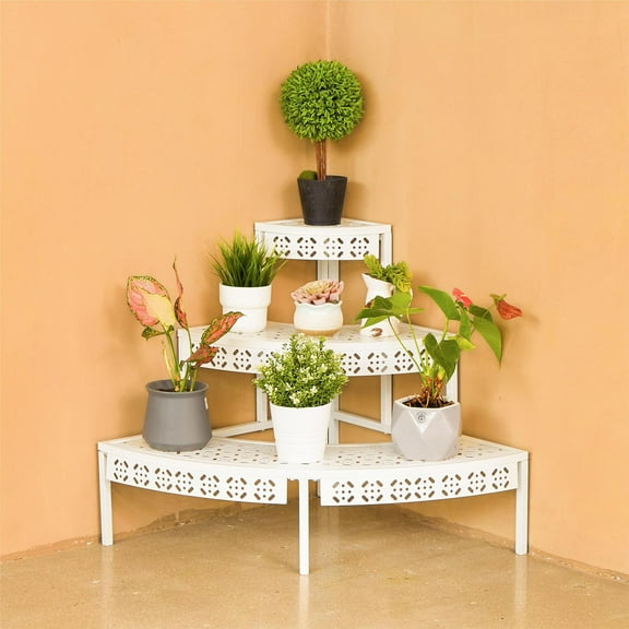 Aboxoo 23.6" x 23.6" x 23.6" 3-Tier White Metal Plant Stand