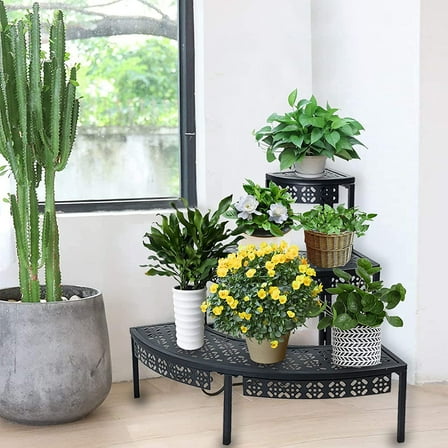 aboxoo 3 Tier Plant Stand Semi-Circular Flower Pot Organizer Rack Quarter Round Plant Display Holder Outdoor Storage Shelves Metal Corner Shelf Planter Shelving Ladder Plant Stand for Indoor Use