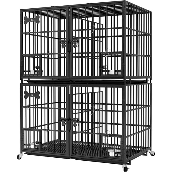 aboxoo 42 inch Stackable Heavy Duty Metal Dog Crate for 4 Dogs/Large Dog,All Metal Open Top Access,Escape Proof Cage,Dog Kennel Indoor with Wheels,Floor Grid, Tray, Divider and Feeding Bowl