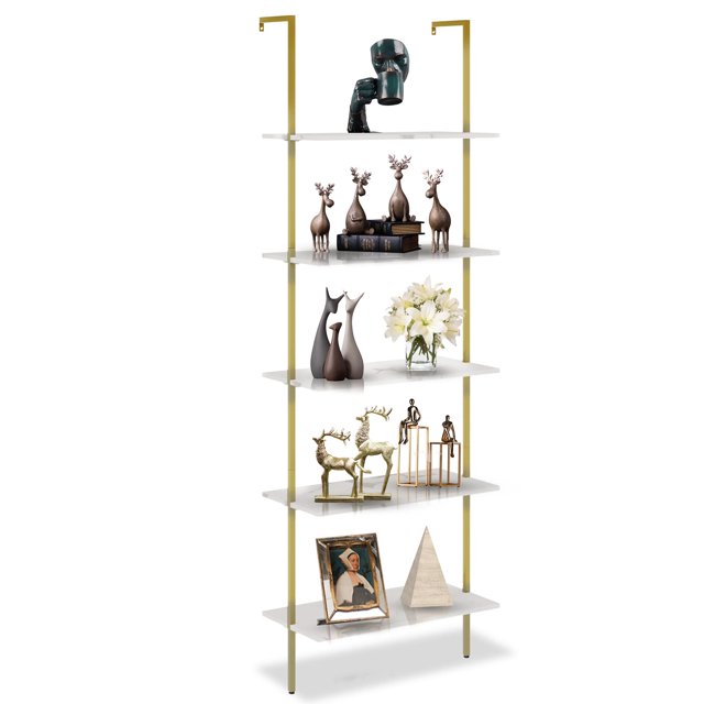 aboxoo 5 Tiers Ladder Shelf White Marble Modern Bookshelf Open Tall