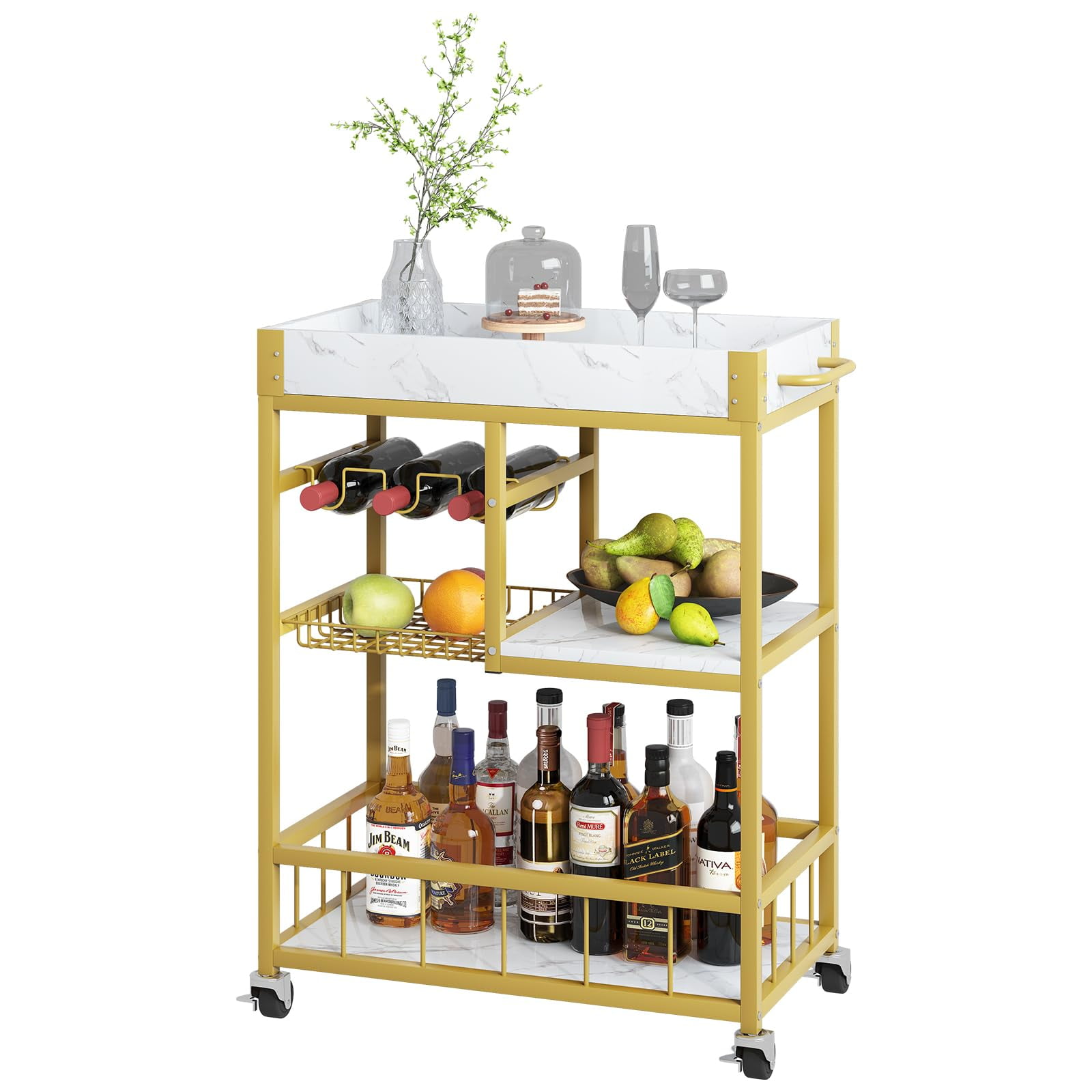 aboxoo Bar Cart 3 Tiers Removable Storage Tray with Wine Rack & Basket