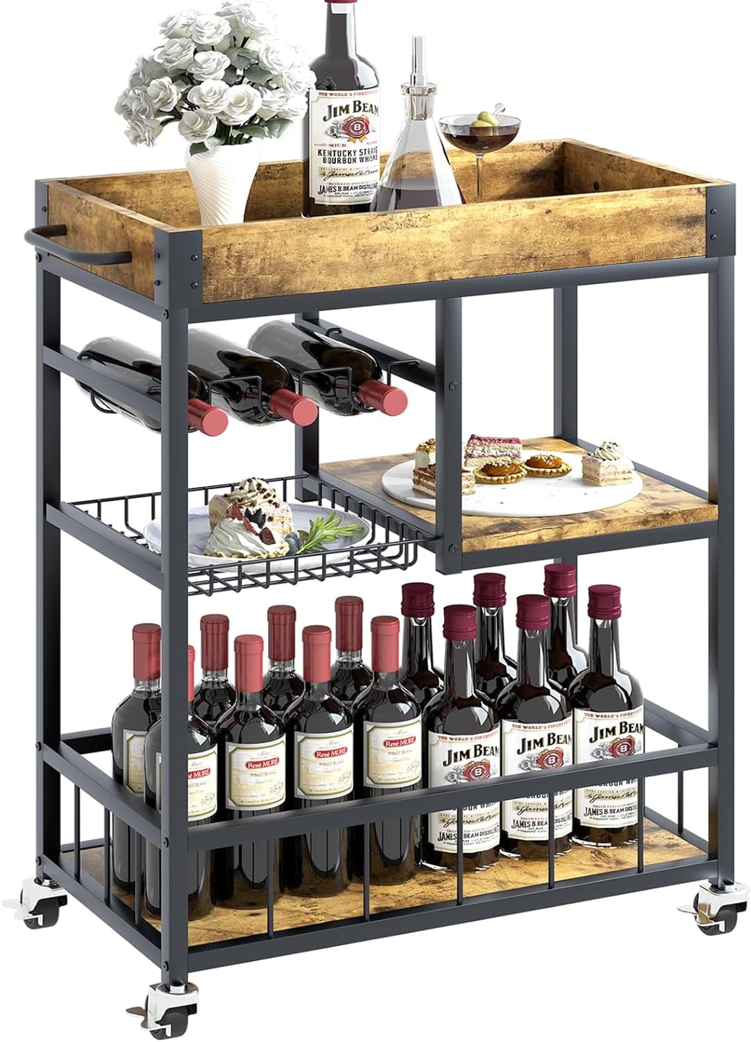 Aboxoo Bar Cart Wine Glass 3 With Basket Tier Home Rolling Rack With Wheels Mobile Kitchen