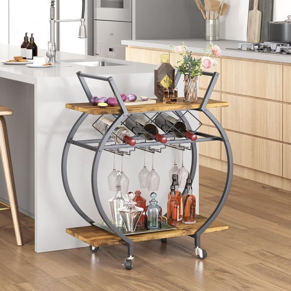 aboxoo Bar Carts 2 Tiers Rolling Home Serving Cart with Wine Rack and Wheels,Modern Rustic Brown Metal Round Wine Cart,Industrial Mobile Storage Kitchen Trolley for Kitchen, Bar, Living Room
