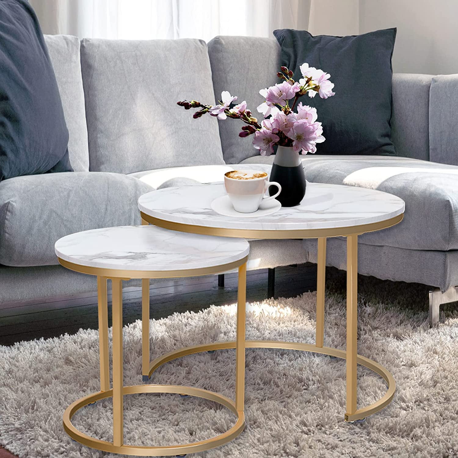 aboxoo Coffee Table Nesting White Set of 2 Side Set Golden Frame Circular  and Marble Pattern Wooden Tables, Living Room Bedroom Apartment Modern 