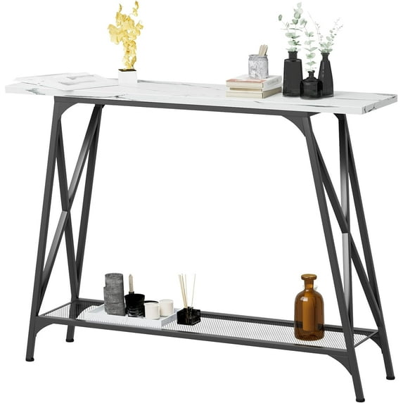 Aboxoo Faux Marble Wooden indoor 41.7" Console Sofa Table with 2-Tier Shelves, White