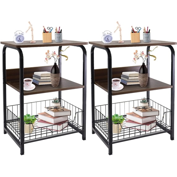 Aboxoo End Tables, Industrial Retro, Indoor, Storage, Engineered Wood & Metal, Brown (Set of 2)