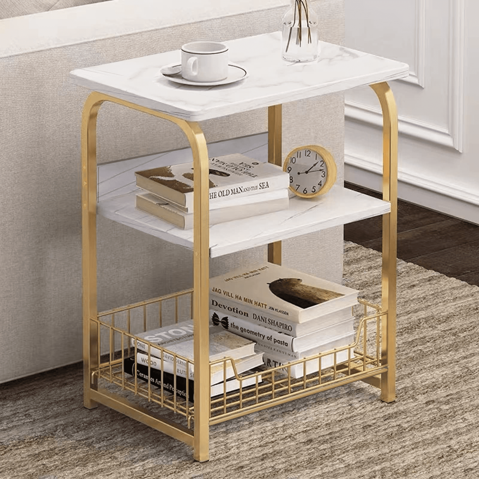 aboxoo End Table Side Table 3 Tiers White Marble Nightstand
