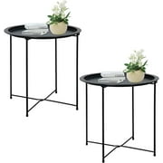 aboxoo Folding Tray Metal Side Table 2PC Black Round End Table Cyan Sofa Small Accent Fold-able Table, Round End Table Tray, Next to Sofa Table, Snack Table for Living Room and Bed Room