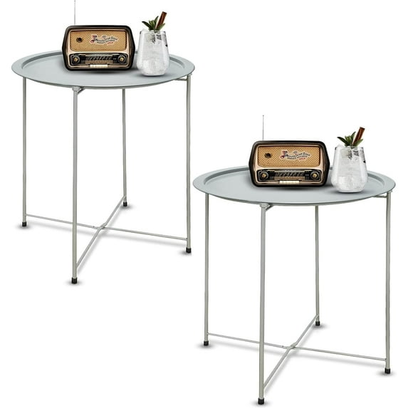 aboxoo Folding Tray Metal Side Table 2PC Blue Round End Table Cyan Sofa Small Accent Fold-able Table, Round End Table Tray, Next to Sofa Table, Snack Table for Living Room and Bed Room