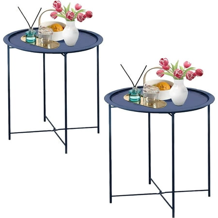 aboxoo Folding Tray Metal Side Table 2PC Blue Round End Table Cyan Sofa Small Accent Fold-able Table, Round End Table Tray, Next to Sofa Table, Snack Table for Living Room and Bed Room