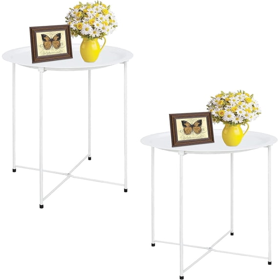 aboxoo Folding Tray Metal Side Table 2PC White Round End Table Cyan Sofa Small Accent Fold-able Table, Round End Table Tray, Next to Sofa Table, Snack Table for Living Room and Bed Room