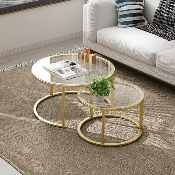 aboxoo Gold Nesting Coffee Table Set of 2, Small Glass Nesting Tables for Living Room Bedroom, Accent Tea Table with Metal Frame Modern Square Industrial Simple