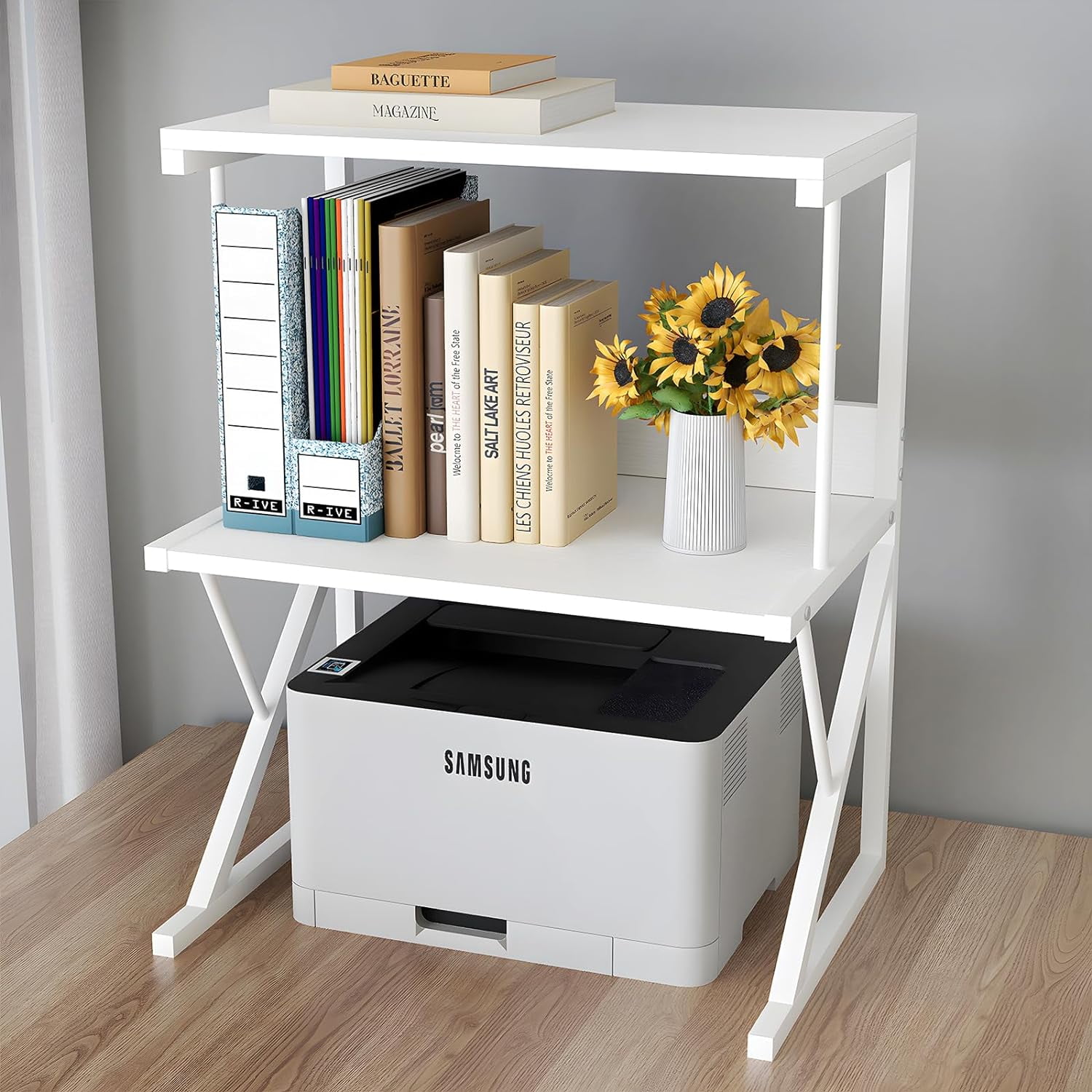 White 3-Tier Industrial Printer Stand with Metal Frame