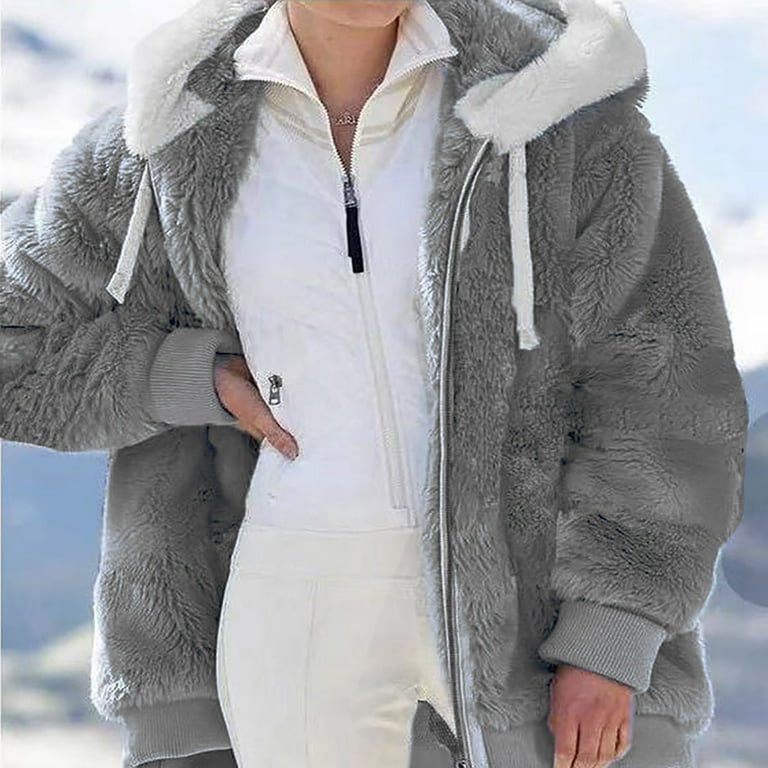 abrigos de invierno para mujer Winter Furry Fleece Coats for Women 2023  Warm Lightweight Fuzzy Plush Zipper Hooded Jacket Plus Size Coats Outwear  Fur