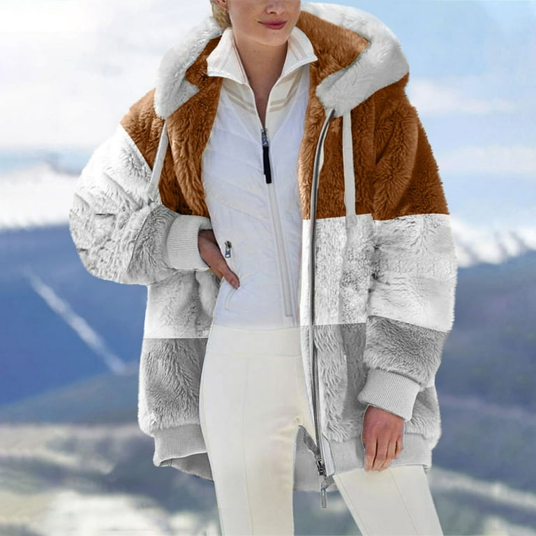 abrigos para mujer, Womens 2023 Winter Coats Fuzzy Fleece Outerwear with  Pockets Hooded Color Block Patchwork Cardigan Jackets Teddy Bear Hoodie