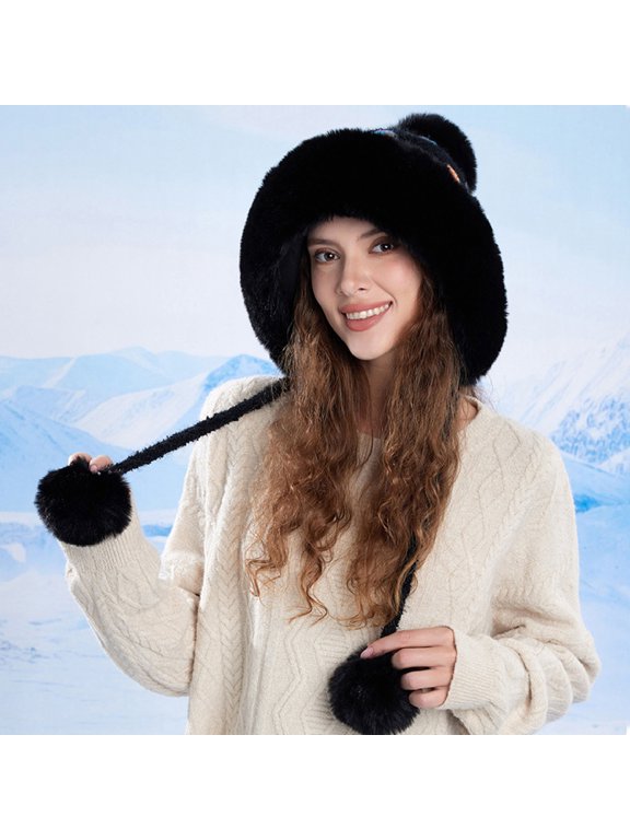 Women Plush Winter Earmuff Hat,Warm Fuzzy Unisex Black Knitted Beanie for Outdoor Daily