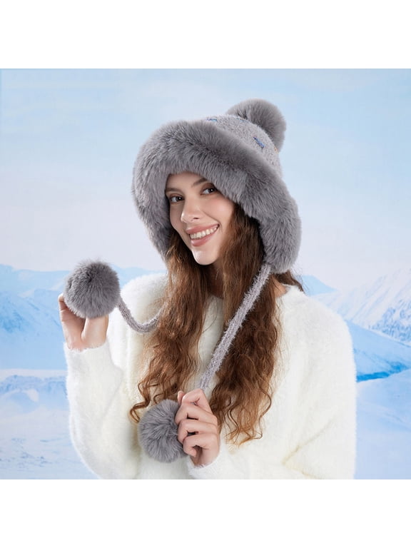 Women Plush Winter Earmuff Hat,Warm Fuzzy Unisex Gray Knitted Beanie for Outdoor Daily