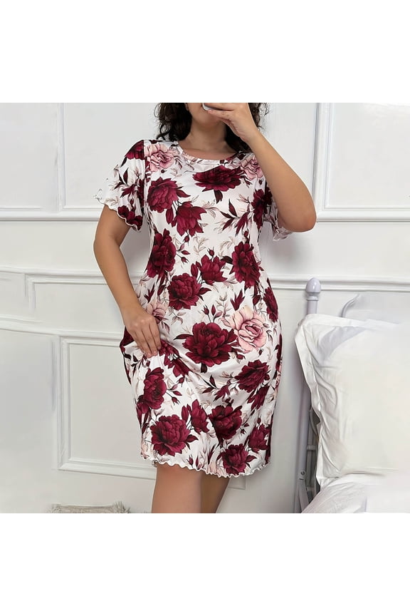 Plus Size Nightgown for Women Floral Print Sleep Dress Red Ruffle Sleeve Scallop Hem Loungewear XL-5X,Size XL