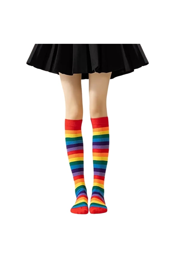 Red Rainbow Womens Knee High Cotton Socks - Striped Soft Socks for Pride Festival Casual Outfit,Size Free Size