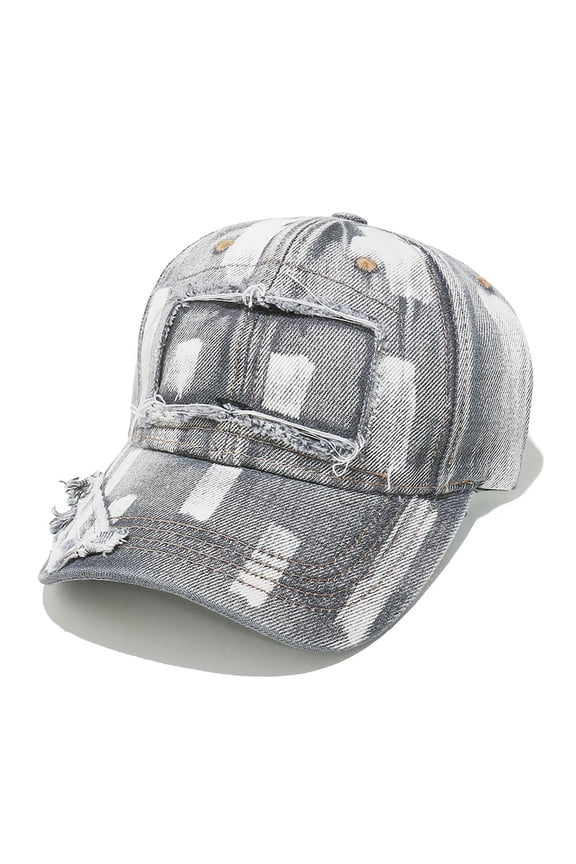 Vintage Distressed Baseball Cap for Women Gray Cotton Plaid Hat Casual Frayed Brim Streetwear,Size M